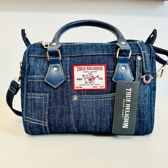 TRUE RELIGION BLUE DENIM BOSTON SATCHEL CROSSBODY BAG - Picture 1 of 12